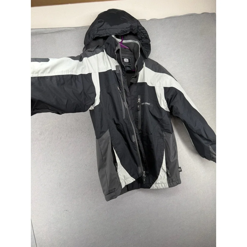 Free Country Boy Tech Ski Jacket Large 10/12 Black Gray Fleece Lined Hooded Coat
